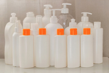 Plastic cosmetic bottles to be sent for recycling. Waste to be recycled. Trash for recycle and reduce ecology environment.