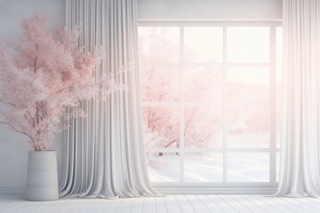 A room featuring a large window and a vase of pink flowers. Suitable for interior design concepts