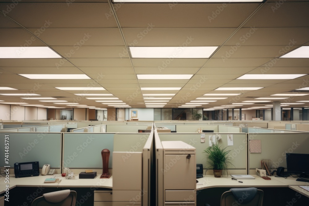 Poster office cubicle with two desks and a plant, suitable for business concepts