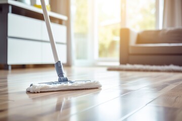 Close up of a mop on a wooden floor, suitable for cleaning service concepts