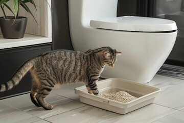 Tabby Cat Next to Toilet and Litter Box in Bathroom