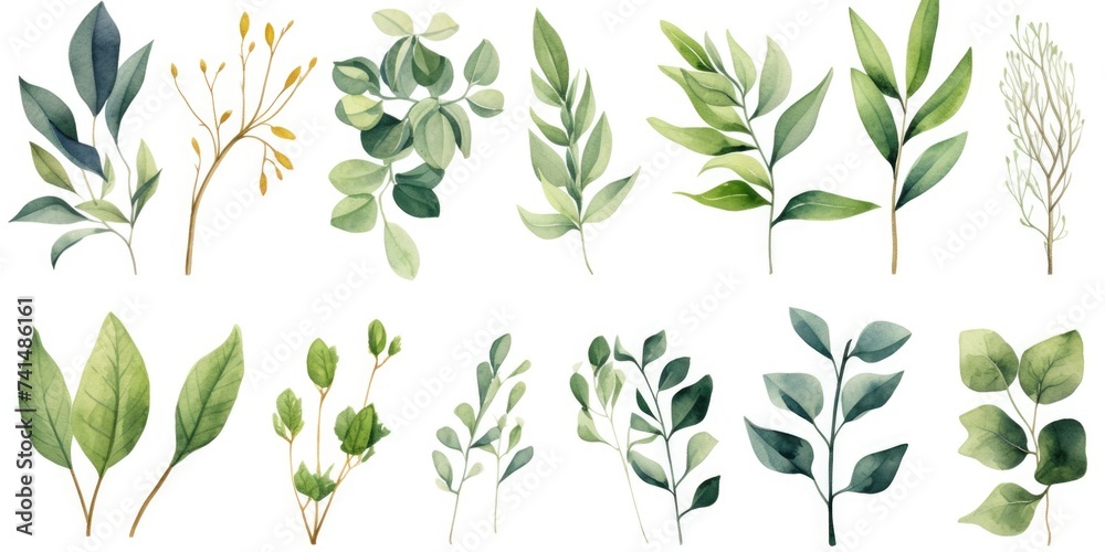 Poster collection of different types of leaves on a clean white background. perfect for botanical projects