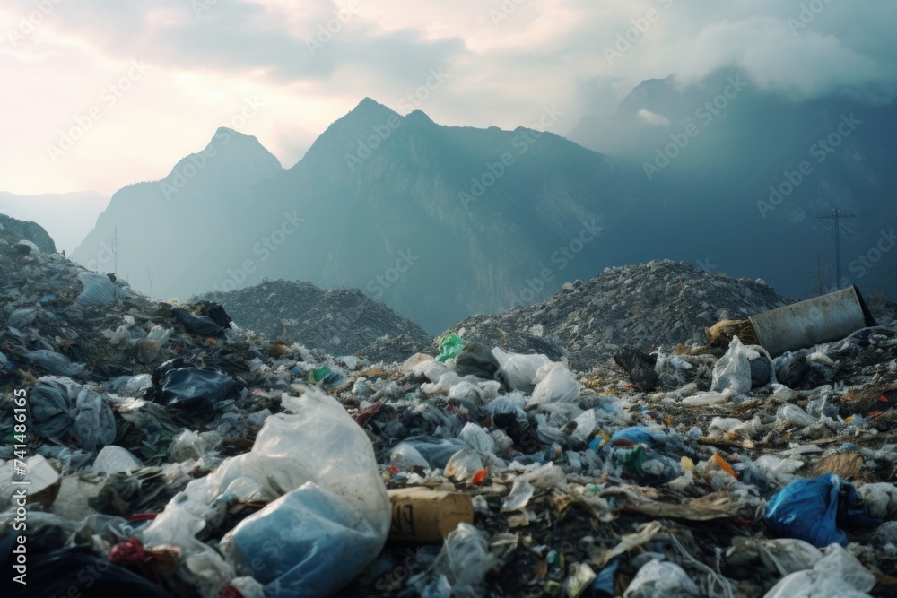 Poster a large pile of trash with scenic mountains in the background. suitable for environmental and pollut