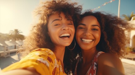 Fototapeta premium Two women capturing a moment on the beach. Perfect for social media posts