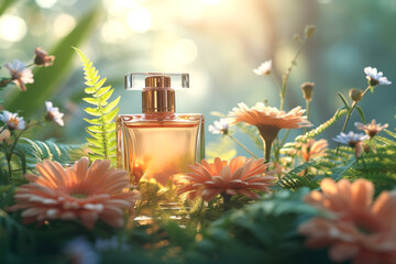 Luxury perfume packaging, tropical flowers as the main plant. - obrazy, fototapety, plakaty