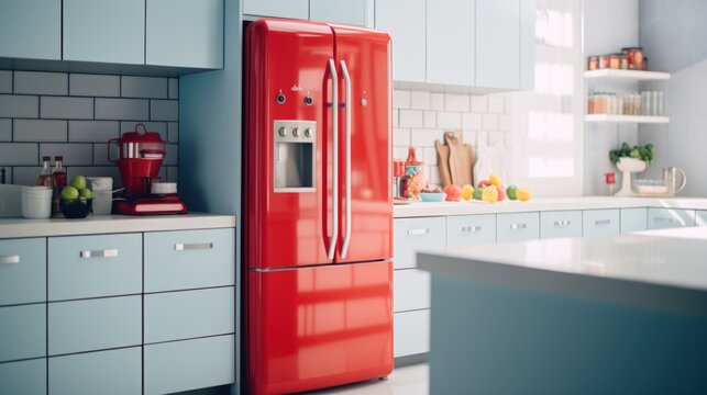 A red refrigerator standing next to a kitchen counter. Suitable for home appliance concepts