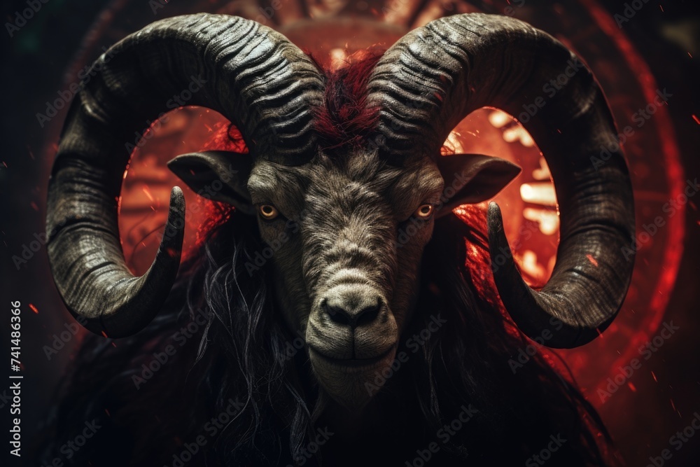 Poster A goat with impressive horns standing in front of a clock. Suitable for various time-related concepts