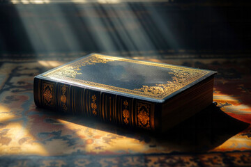 Antique Book in Golden Light. Elegant old book with golden gilded edges basking in sunlight on a...