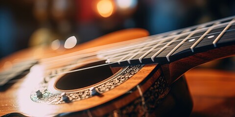 A close up shot of a guitar on a table. Suitable for music and instrument related projects