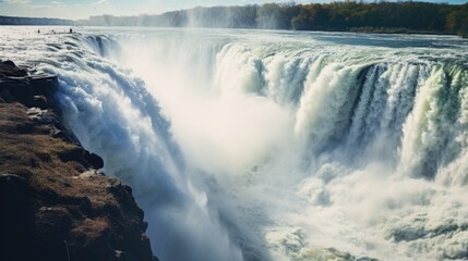 Fototapeta premium A person standing on the edge of a waterfall, suitable for travel or adventure concepts