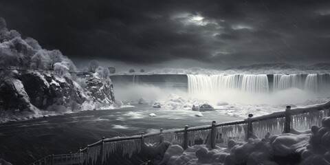 Black and white image of a waterfall. Suitable for various design projects