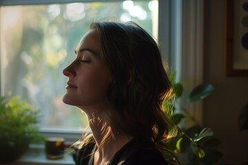 profile of woman near window, morning light, meditative