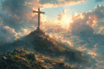 The Holy Cross and Mount Golgotha symbolize the death and resurrection of the Lord Jesus Christ leading the lost lambs. The sky is filled with the light of grace. - obrazy, fototapety, plakaty