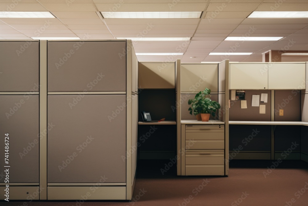 Poster a typical office cubicle with a small potted plant on the desk. suitable for business and workplace 