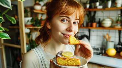 A young woman holding and eating a piece of lemon pound cake at home.