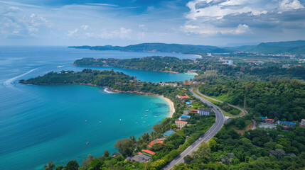 Aerial view of curve road along the seashore at Phuket Thailand beautiful seacoast and open sea in summer season Nature recovered Environment and Travel background. - obrazy, fototapety, plakaty