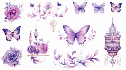 set collection of purple delicate accessories of a fairy princess watercolor drawing isolated on a white background  soft lavender color