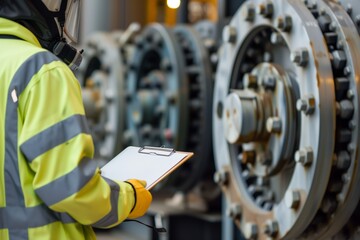 person in safety gear holding a clipboard by large refinery valves