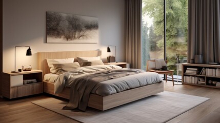 A cozy bedroom featuring a spacious bed and a large window. Suitable for home decor or interior design concepts