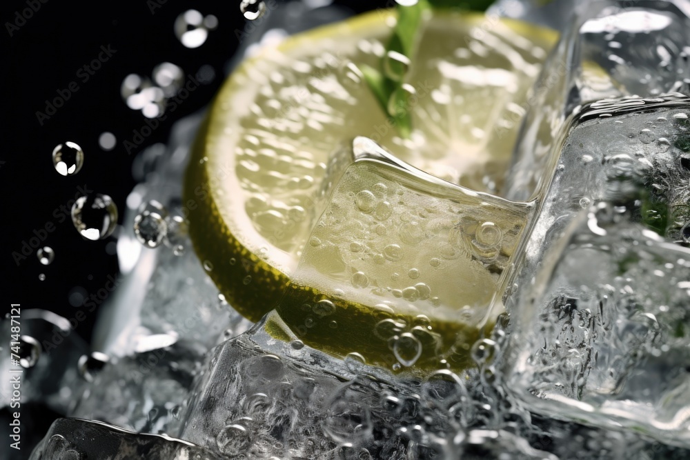 Poster A refreshing lime slice with ice cubes on a black background. Perfect for summer drink concepts