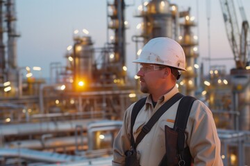 construction engineer with hard hat at refinery expansion site