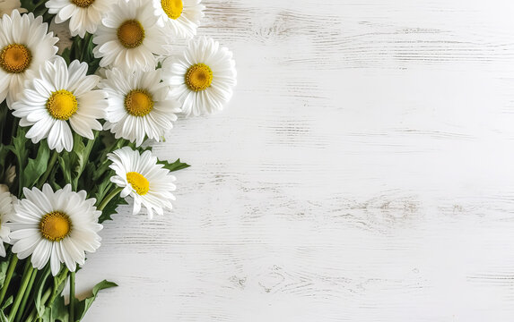 a bouquet of garden camomile flowers on a white wooden table.