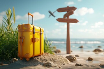 Yellow suitcase and signpost with travel destination, airplane.Tourism and travel concept background.