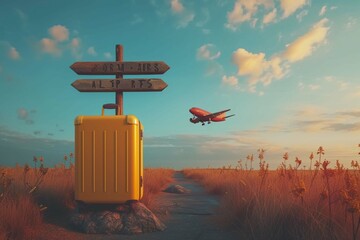 Yellow suitcase and signpost with travel destination, airplane.Tourism and travel concept background. - obrazy, fototapety, plakaty
