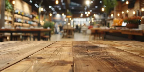 Foto op Canvas Wooden table stands at forefront of blurred cafe interior embodying perfect of functionality and aesthetic allure smooth polished surface bathed in soft light invites array of products © Bussakon