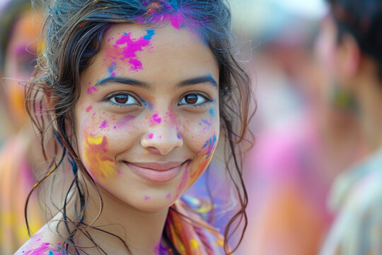 Radiant Joy: Holi Colors in Sunset Glow. Woman basking in the sunset, her face painted with the vivid hues of Holi, exuding pure bliss.