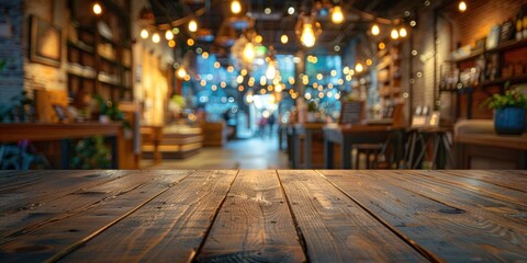 Wooden table stands at forefront of blurred cafe interior embodying perfect of functionality and aesthetic allure smooth polished surface bathed in soft light invites array of products