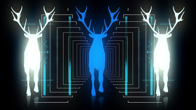 Stag Three futuristic Deers with strobing effects in blue white color 4K VJ Loop