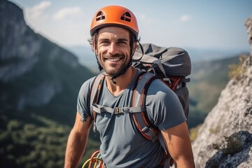 Portrait of a happy male climber in helmet on top of the mountain - obrazy, fototapety, plakaty