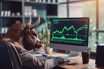 Big bull sitting near computer screen with green stock market. Bull market - obrazy, fototapety, plakaty