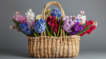 Fototapeta na wymiar Beautiful straw bag with seasonal flowers of hyacinth and carnation blossom.