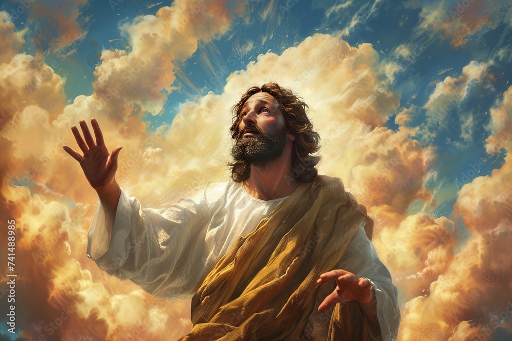 Wall mural portrait of jesus christ in robe in the clouds with sunlights