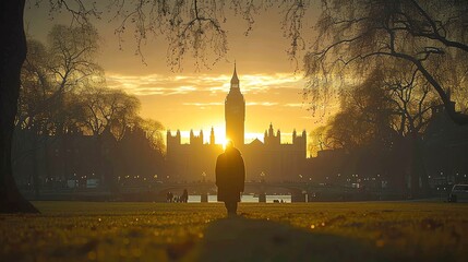 Sunset Silhouette of a Man at Westminster - obrazy, fototapety, plakaty