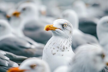 Fototapeta premium A flock of western gulls gracefully gather together, their beaks pointed towards the sea, creating a serene and majestic scene in the great outdoors