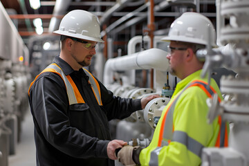 Obraz premium men, engineers in helmets and vests at production, gas pipes, gas pipeline