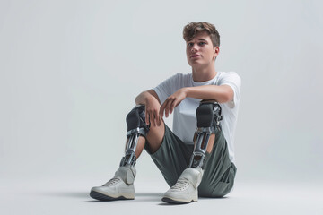 Handsome young man with prosthetic leg on white background