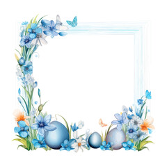 Naklejka na ściany i meble Blue Easter frame with eggs and flowers decoration template watercolor. Vector image.
