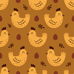 Boho Easter seamless pattern with easter chicken and easter eggs in flat style. Happy Easter digital paper perfect for scrapbook paper, decor, background, fabric.