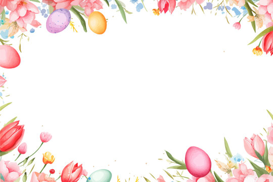 Easter frame background with tulips and Easter eggs watercolor. Vector image.