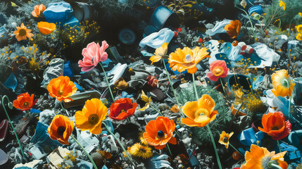 A bright and uplifting perspective of a landfill, showcasing the resilience of nature as vibrant flowers grow amidst discarded items