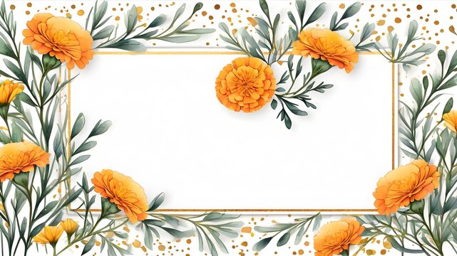 frame with flowers,oval frame with marigold flowers , watercolour frame on white screen 