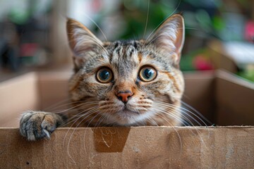 Tabby cat with wide eyes peeking from a box.