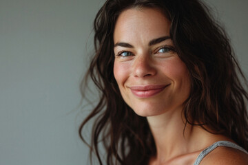 Fototapeta premium Happy attractive confident European woman of middle age posing for beauty portrait. Beautiful mid aged mature lady smiling on background, attractive female model looking at camera. Close up face .