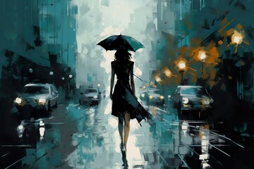 woman painting in night from back holding umbrella, scenery painting of a female in the city in night  