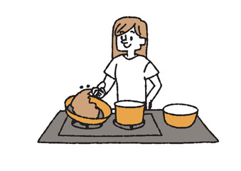 料理をしている女性　家事をしている主婦のイラスト