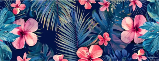 Fotobehang Tropical flowers, plants, leaves and macaw. Vector illustration of exotic pattern, Hawaiian flowers for background, wallpaper or poster © Kar